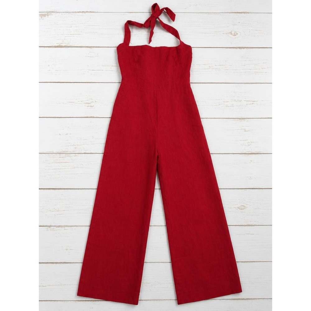 Reformation Malika Linen Jumpsuit Sundried Tomato Red Halter Wide Leg Size 10